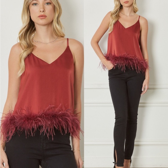 🍁🍁🍁ENTRO feathered Trimmed Spaghetti Strap in Rust🍁🍁🍁 - Picture 12 of 12